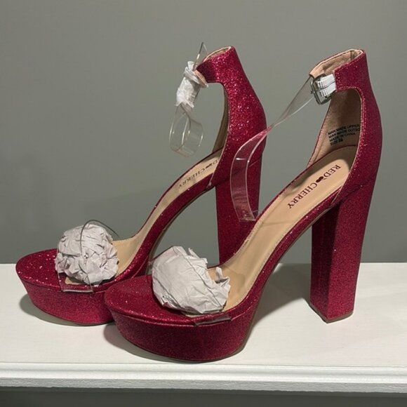 Red Cherry (Pink/White Platform Heels with Ankle Strap - Picture 1 of 7